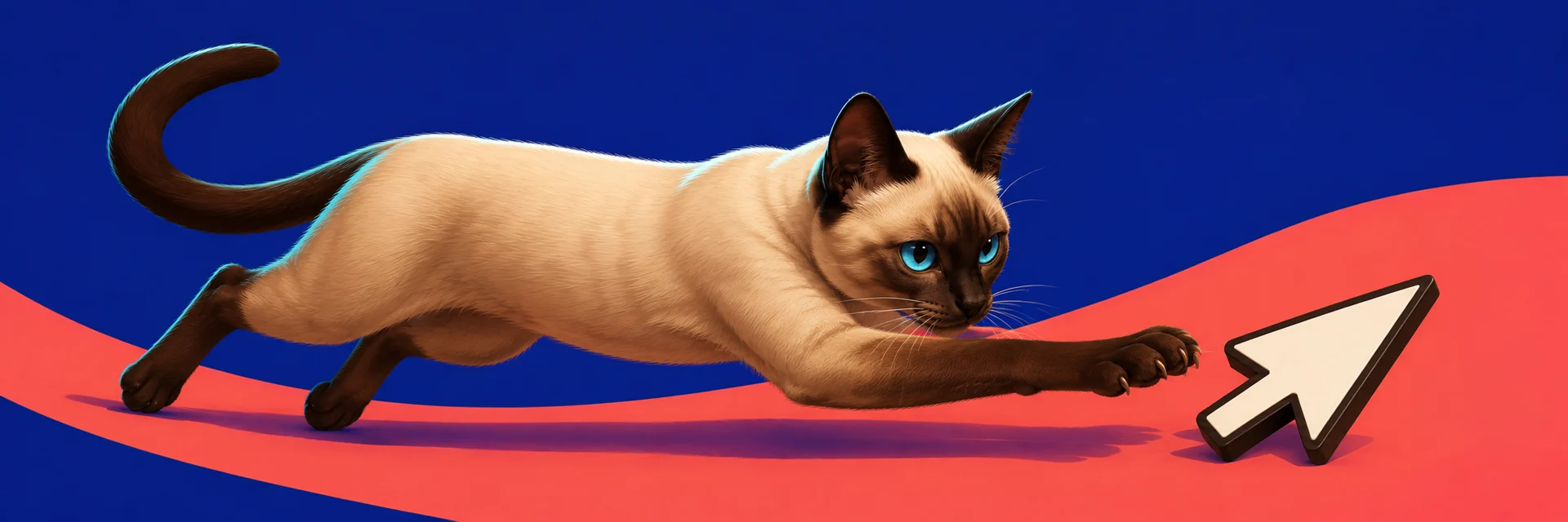 The Siamese at full stretch, one paw reaching for a fleeing cursor across a red stripe.